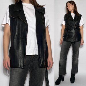 Vintage 1990s REAL LEATHER Long Tunic Motorcycle Biker Zip Up Vest! Medium